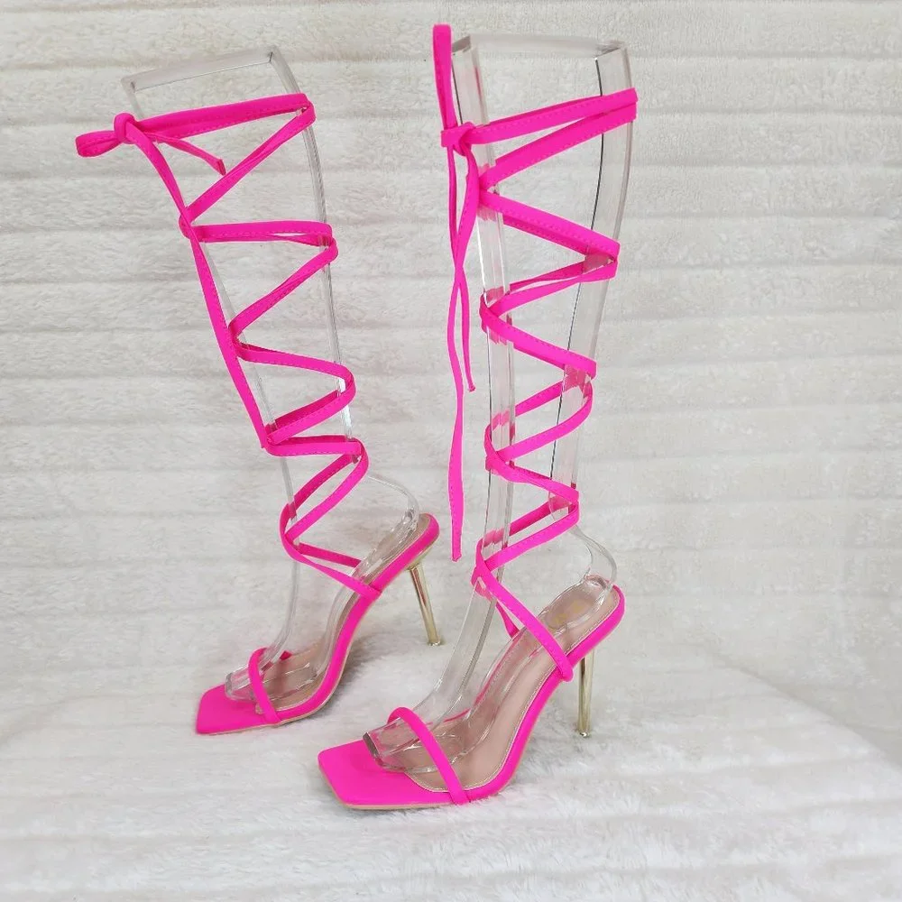 Chica Bright Neon Pink  Sateen Long Lace Strappy Tie Up High Heel Sandals